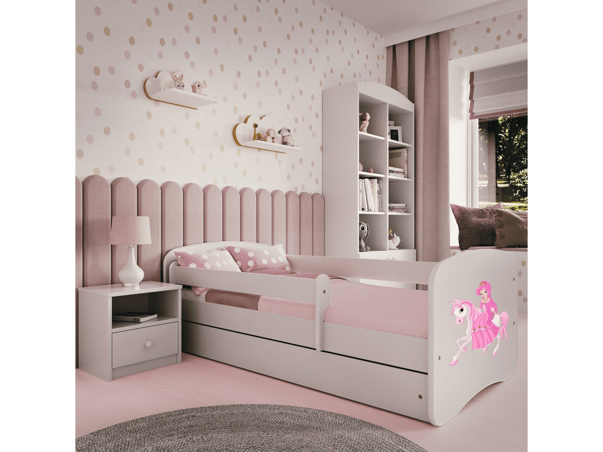 5. Children's bedroom with pink and white bed featuring princess design, surrounded by matching decor and furniture.