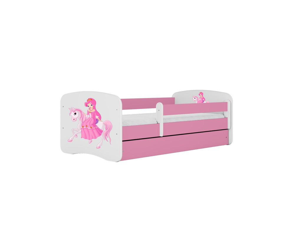 7. Pink and white children's bed with princess and horse design, featuring a guardrail, shown in studio setting.