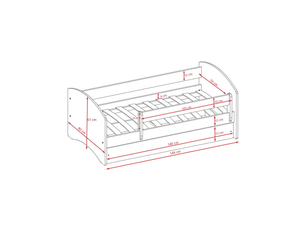 5. Size chart for children's bed showing dimensions in centimeters