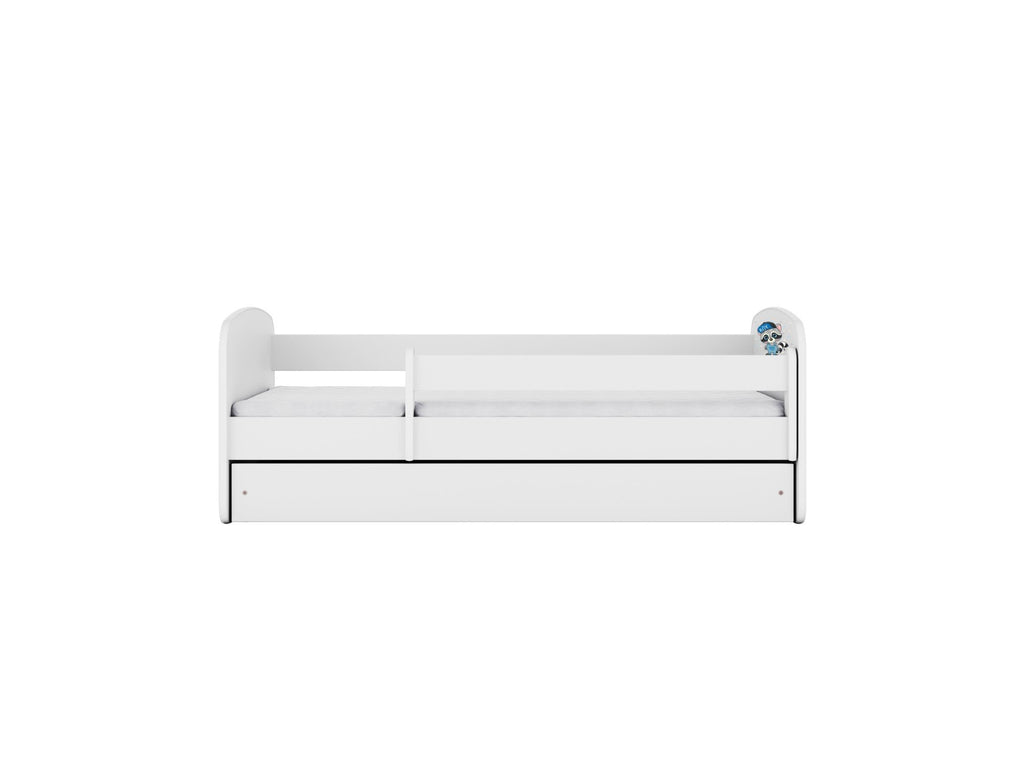 2. Front view of white children's bed with raccoon detail on side, featuring a guardrail and storage drawer, in studio setting.