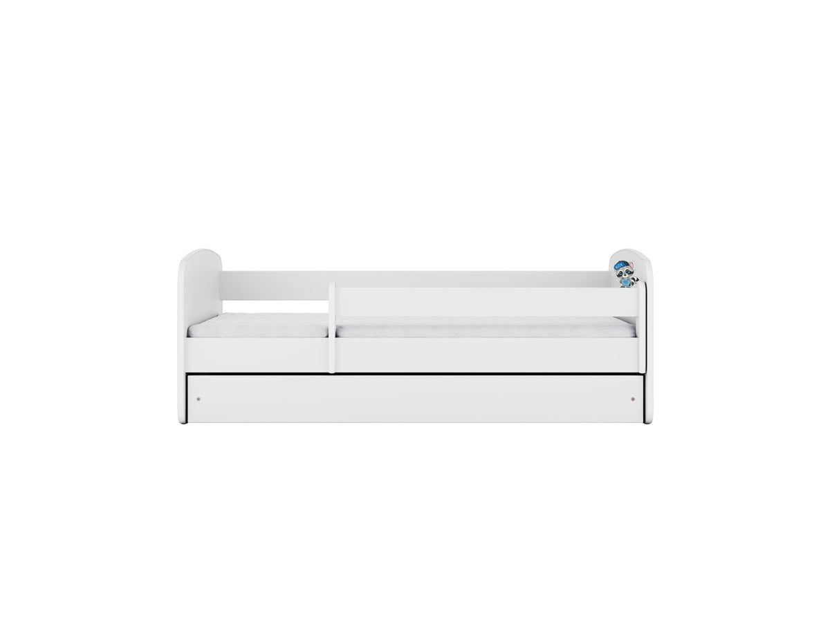 2. Front view of white children's bed with raccoon detail on side, featuring a guardrail and storage drawer, in studio setting.