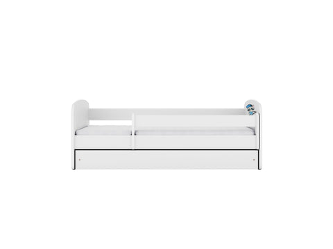 2. Front view of white children's bed with raccoon detail on side, featuring a guardrail and storage drawer, in studio setting.