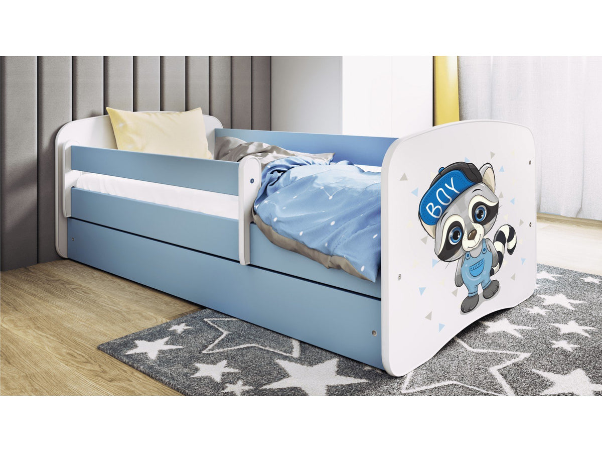 1. Blue and white children's bed with raccoon design, shown in a cozy bedroom with star-patterned rug and pillows.