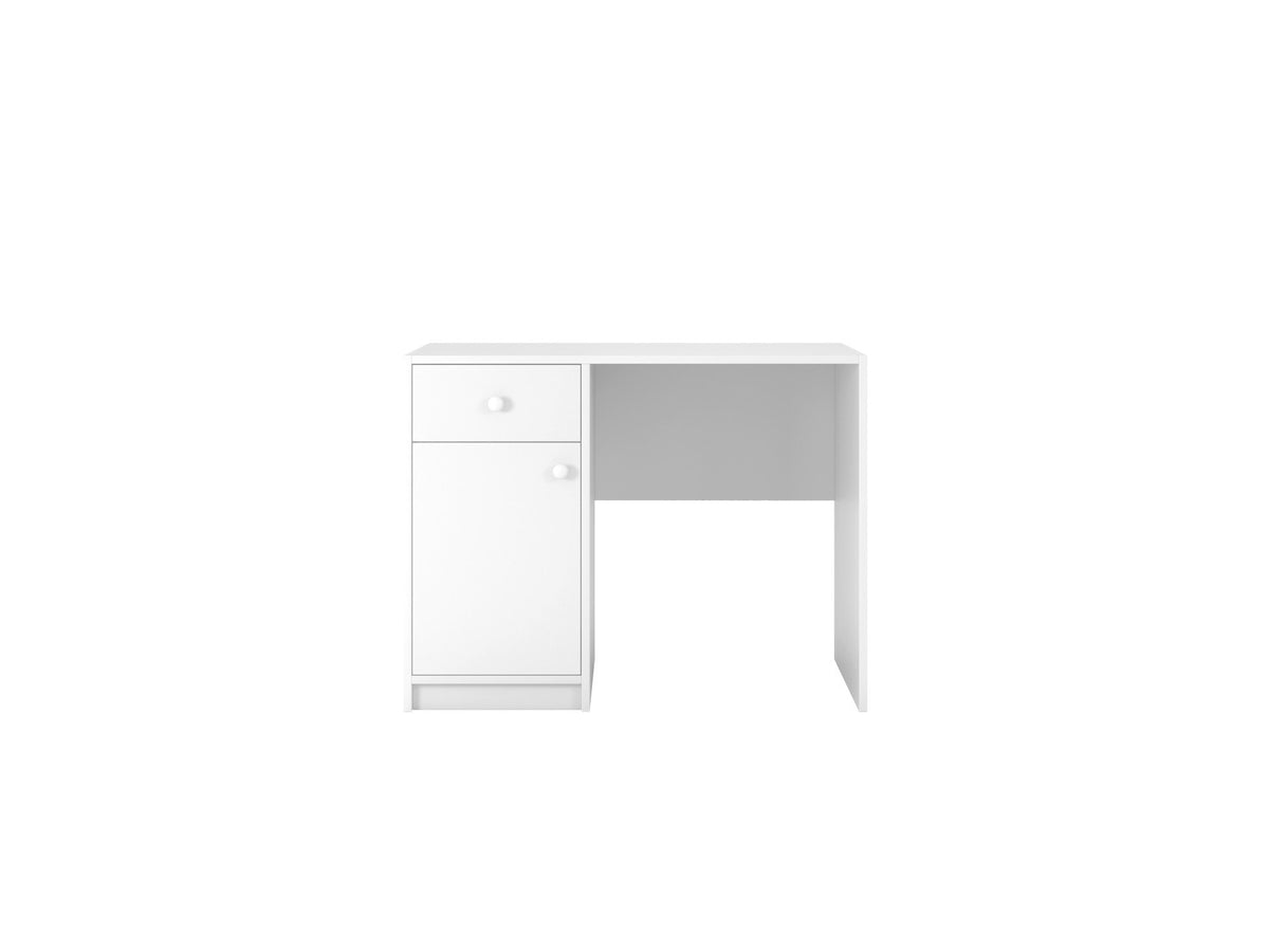 1. White Babydreams desk with drawer and cabinet, shown in a studio setting