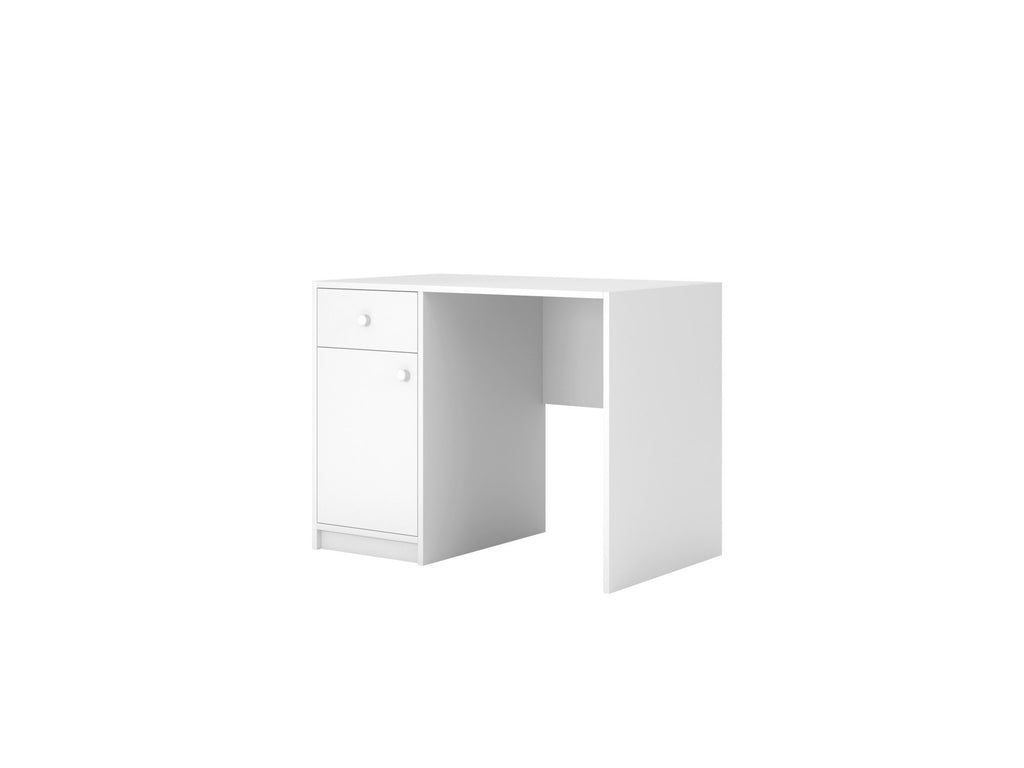 3. Angled view of white Babydreams desk with drawer and cabinet, studio background