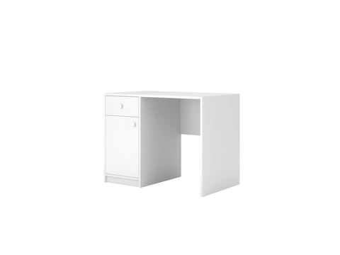 3. Angled view of white Babydreams desk with drawer and cabinet, studio background