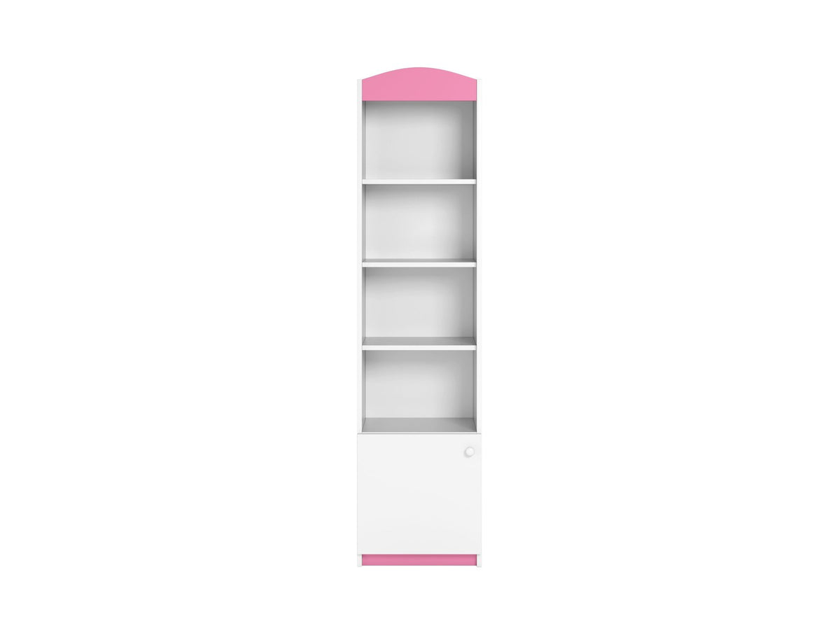 3. Babydreams single shelf with pink accents, featuring four open shelves and one closed shelf, shown on a white background