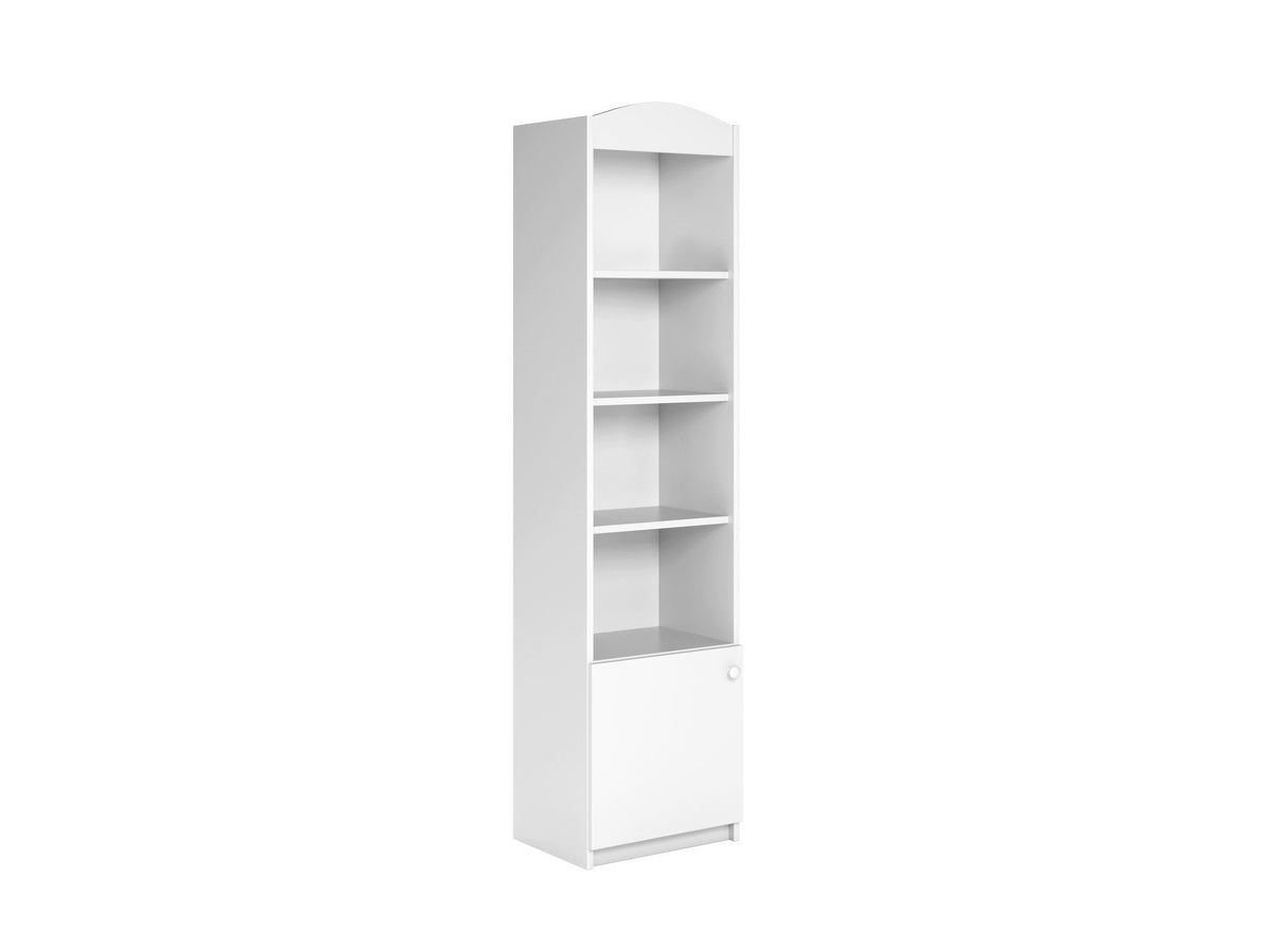 10. Angled view of Babydreams single shelf in white, featuring open and closed shelves, on a white background