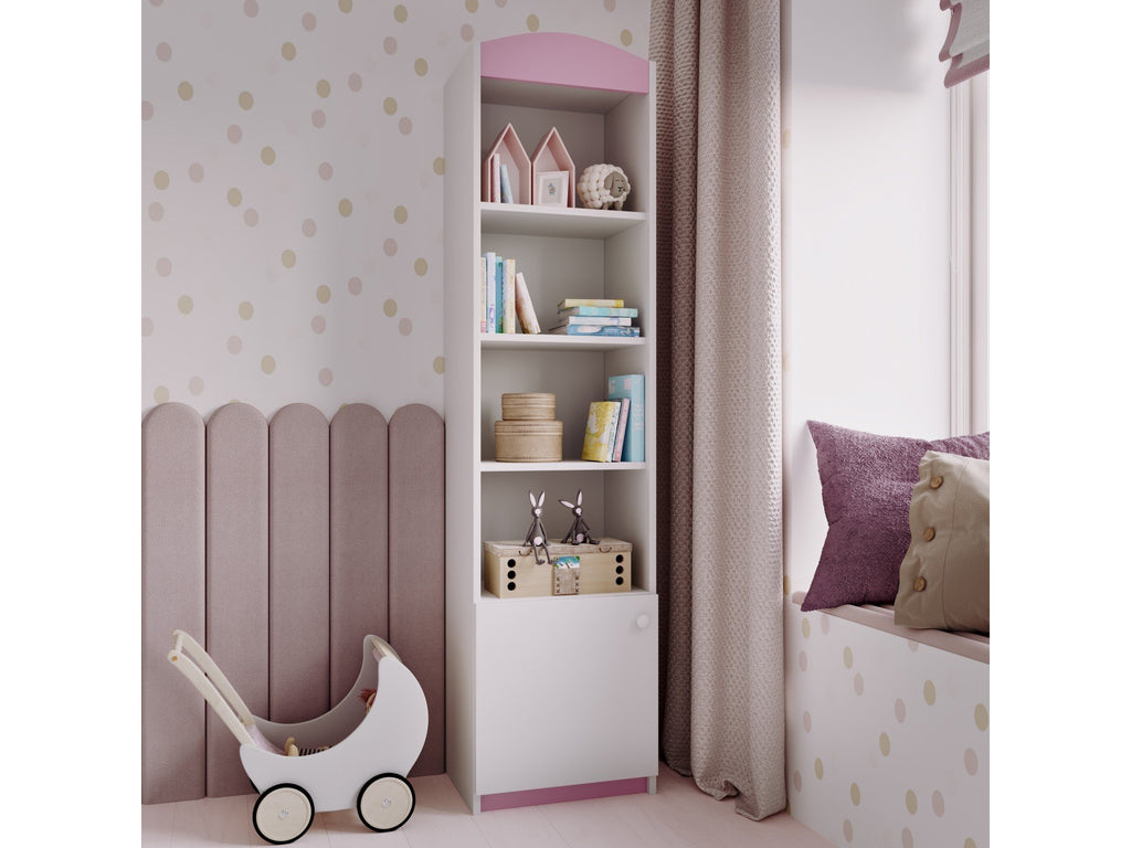 1. Babydreams single shelf in a child's room with pink accents, featuring open and closed shelves, next to a toy stroller and curtains