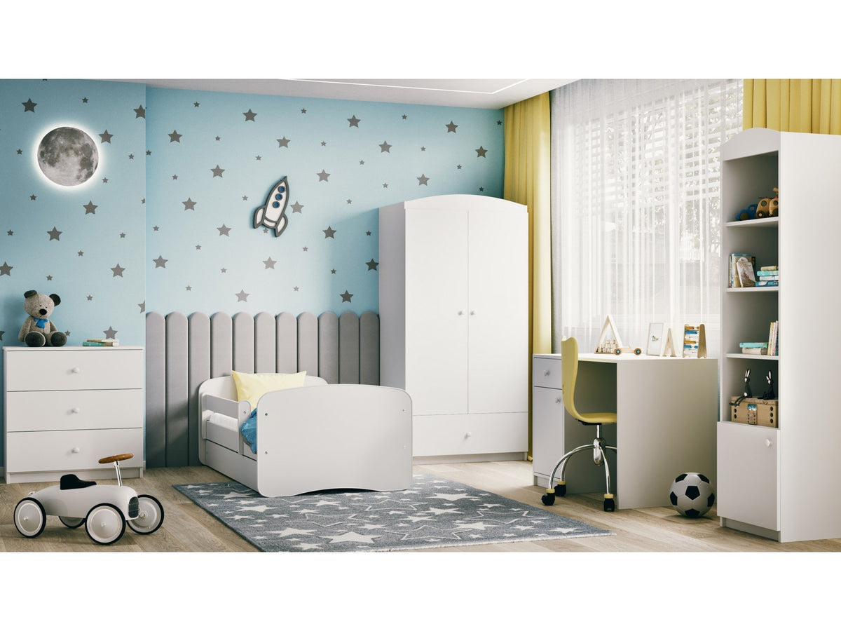 7. Children's room with Babydreams single shelf, bed, and desk, featuring star-themed decor and toys