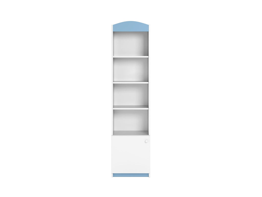 6. Babydreams single shelf with blue accents, featuring open and closed shelves, shown on a white background