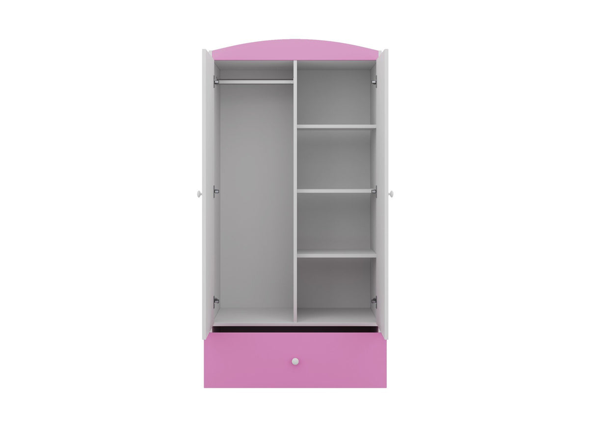 6. Interior of white and pink Babydreams wardrobe showing hanging rail and shelves