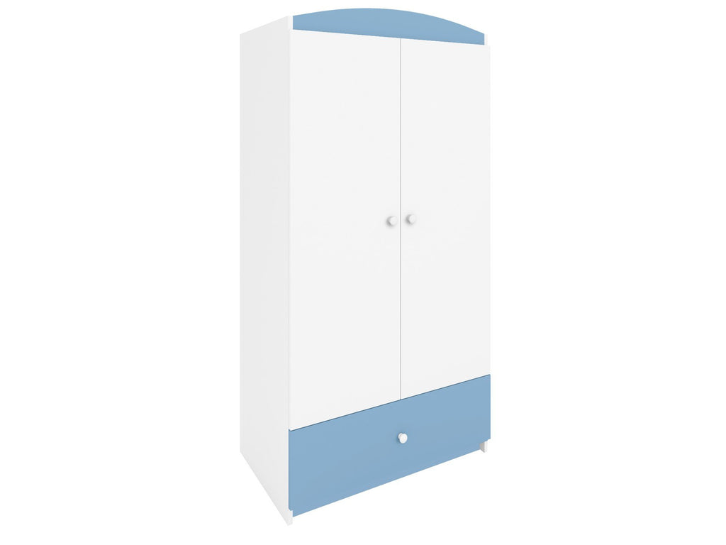 4. White and blue Babydreams wardrobe with two doors and a drawer, angled view