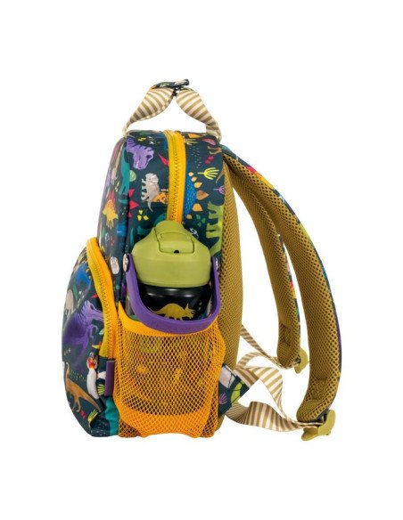 3. Side view of children's dinosaur backpack with yellow mesh side pocket holding a green bottle, featuring colorful dinosaur print and padded straps