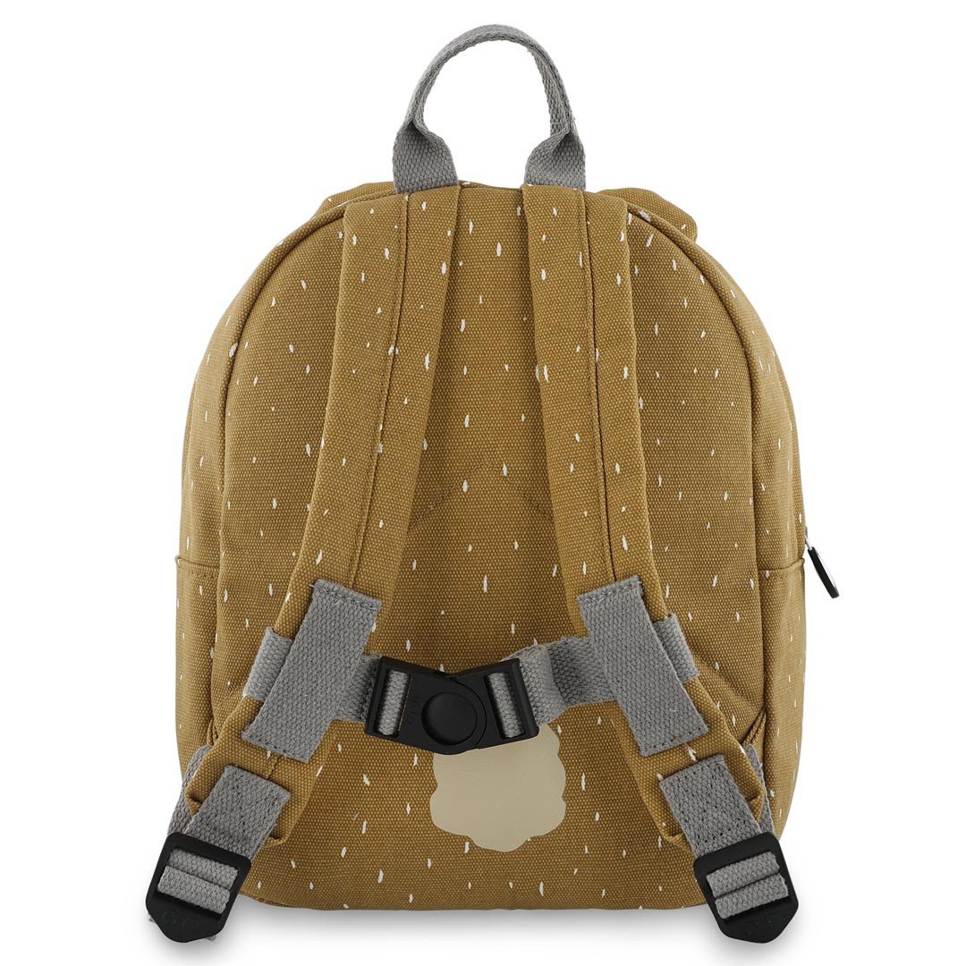 2. Back view of Trixie Baby Mr. Bear backpack showing adjustable shoulder straps and chest strap, brown color