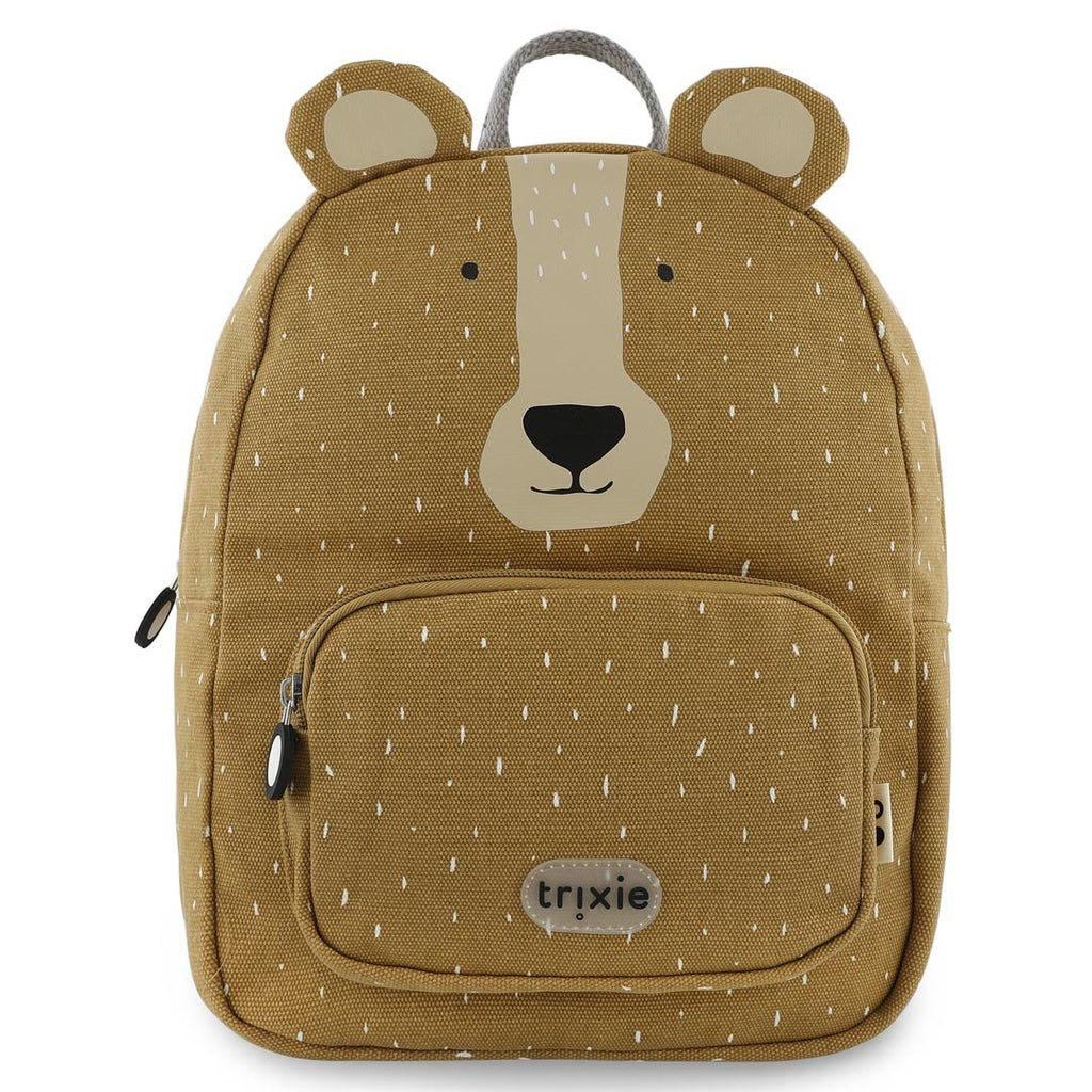 2. Front view of Trixie Baby Mr. Bear backpack with bear face design and front pocket, brown color