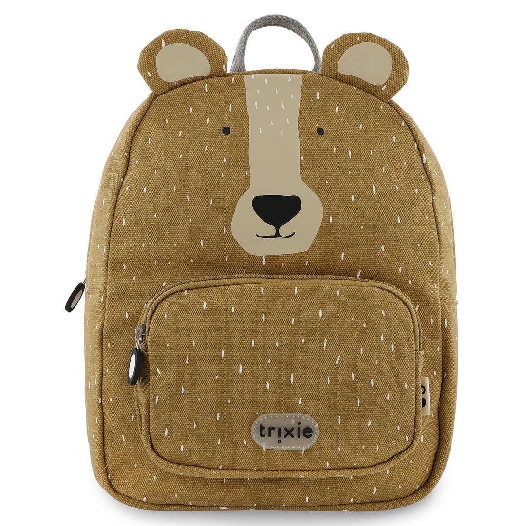 2. Front view of Trixie Baby Mr. Bear backpack with bear face design and front pocket, brown color