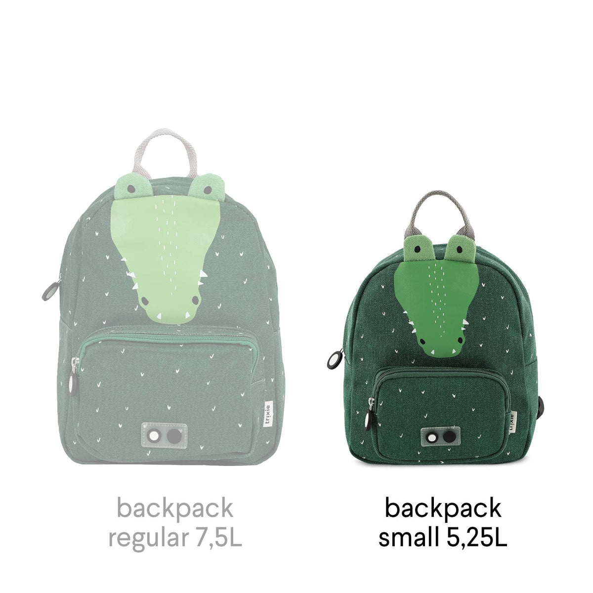 3. Size comparison of regular and small green crocodile backpacks with text indicating capacities