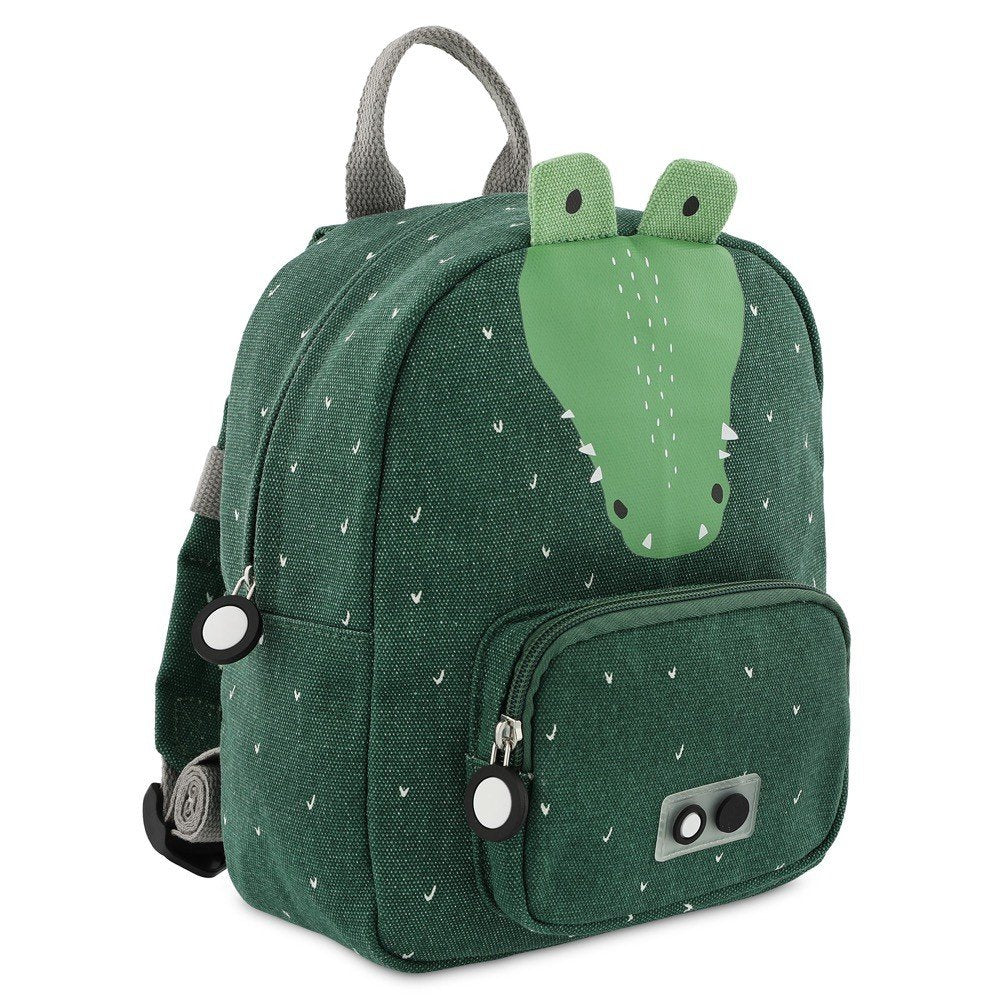 2. Side view of green children's backpack with crocodile face, adjustable straps, and front pocket on white background