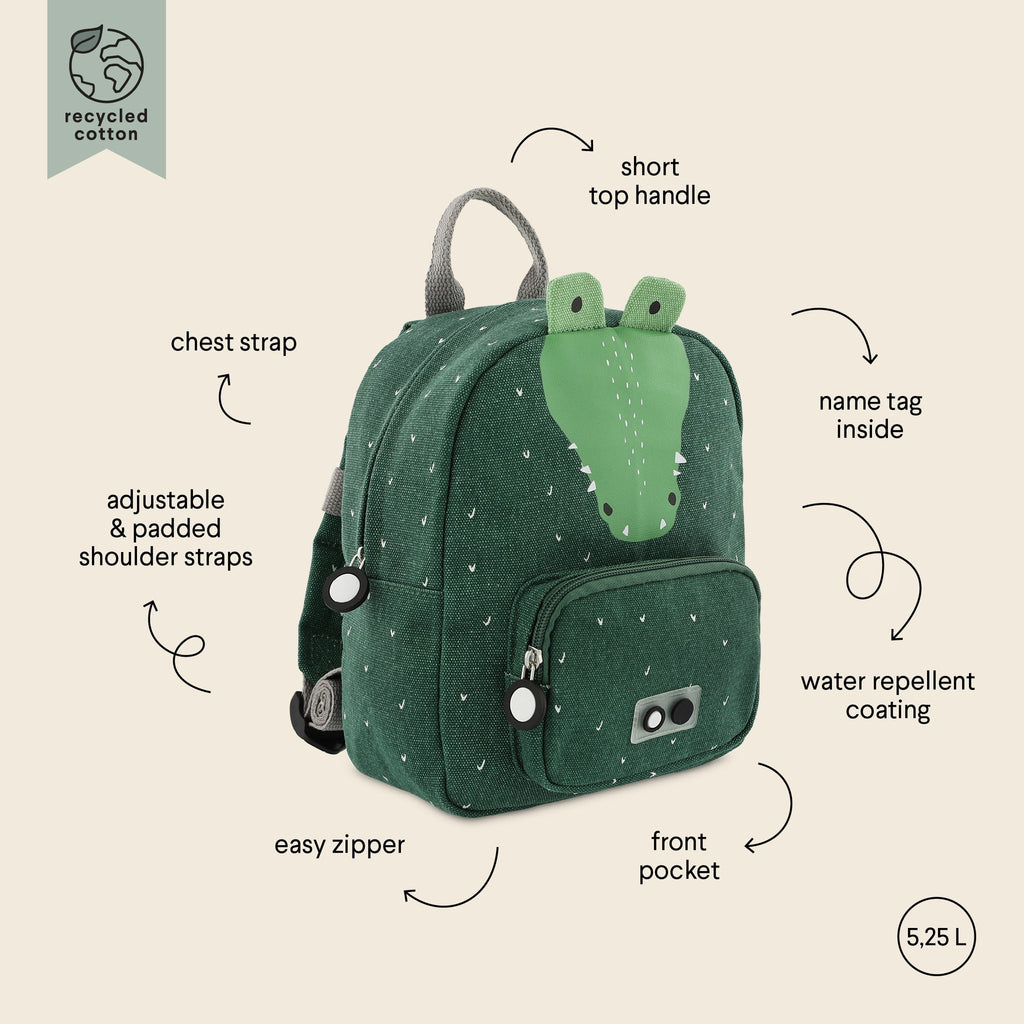 4. Green children's backpack with crocodile face and labeled features including chest strap, name tag, and water repellent coating