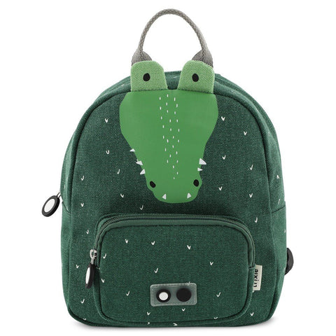 1. Green children's backpack with crocodile face design, front pocket, and Trixie Baby logo on white background
