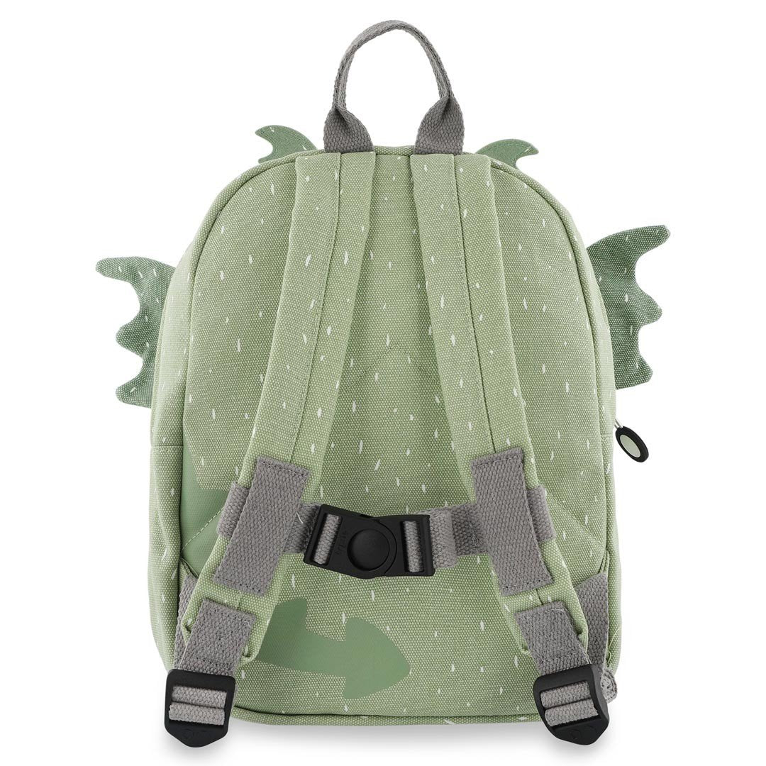 2. Back view of green dragon backpack showing adjustable straps and chest buckle, studio shot