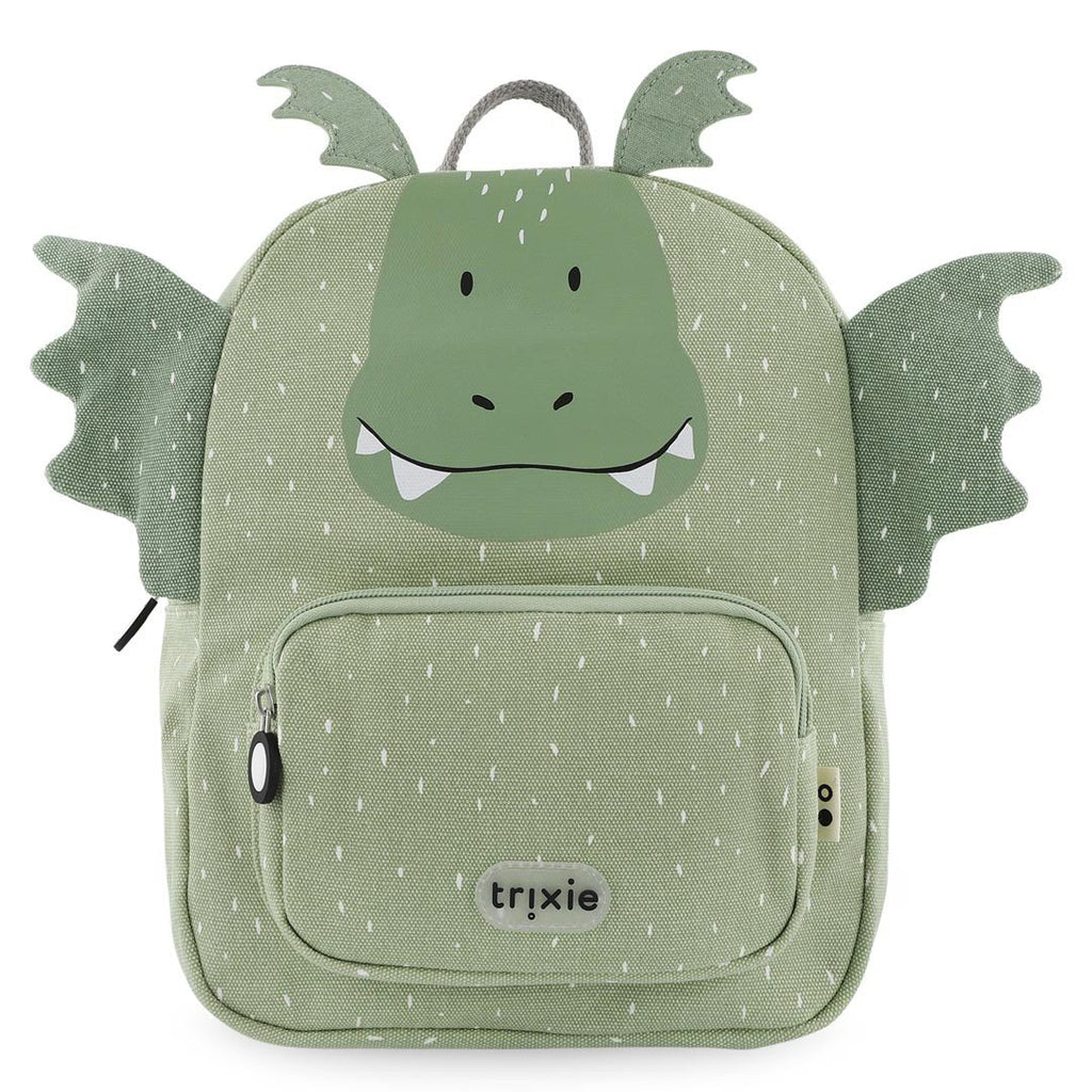 2. Green dragon-themed backpack with wings and Trixie logo on front pocket, studio shot