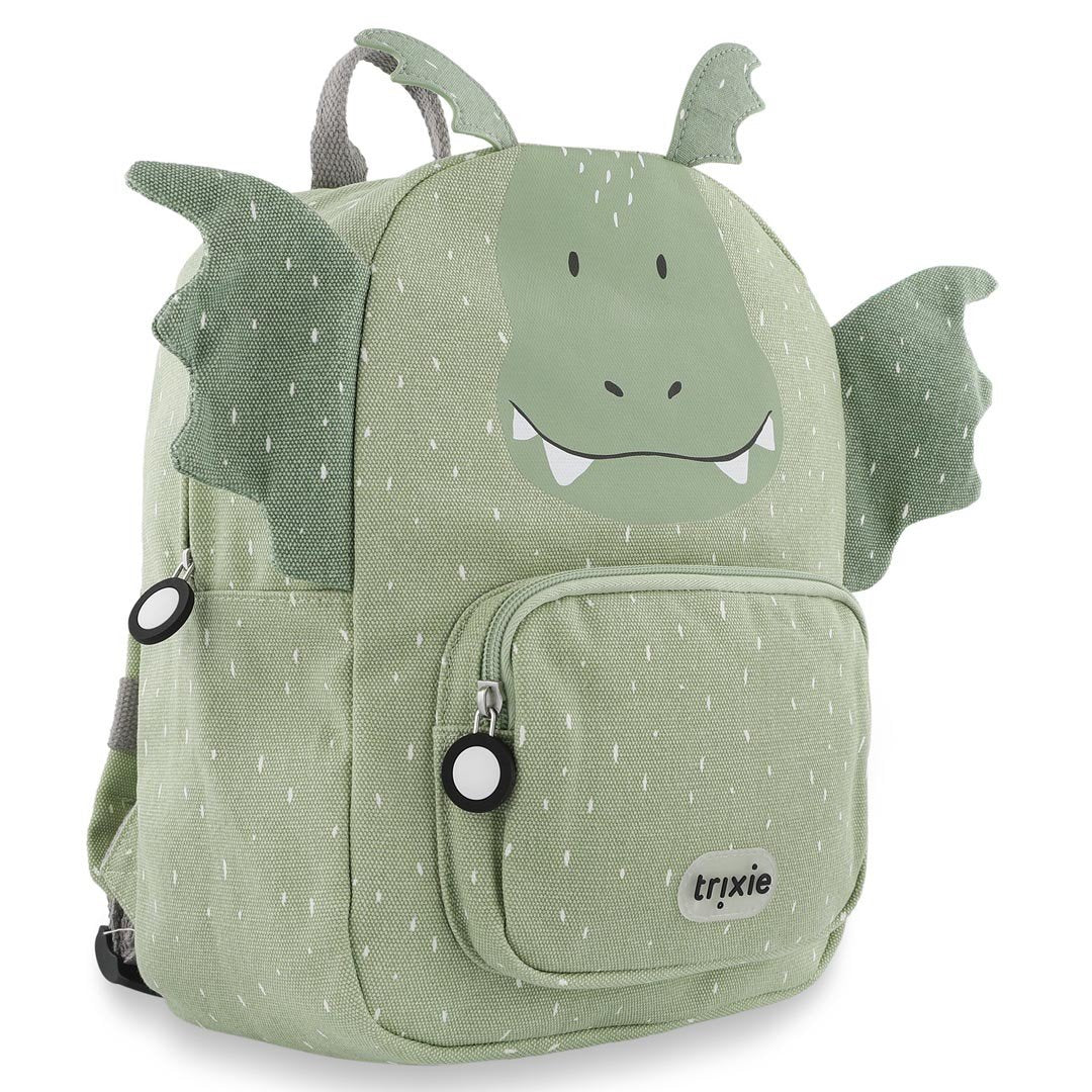 2. Side view of green dragon-themed backpack with wings and Trixie logo, studio shot
