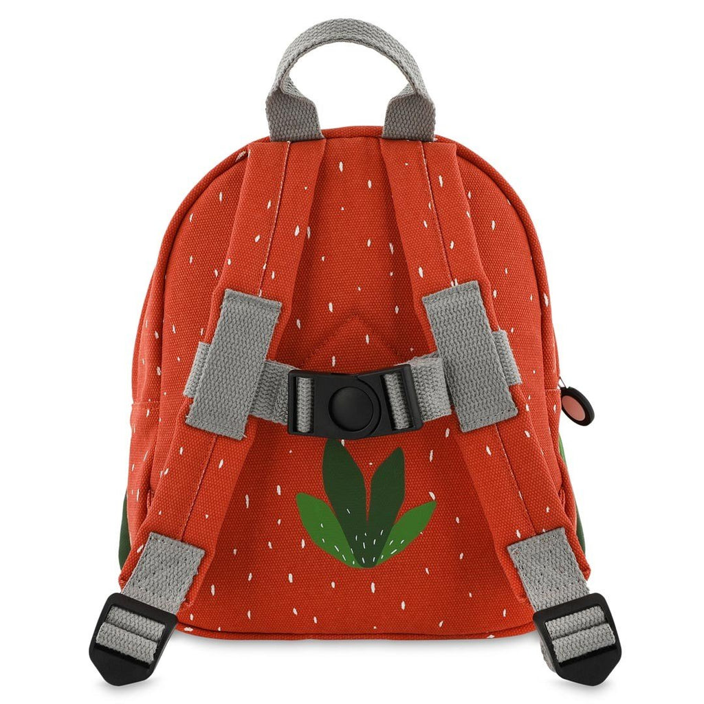 3. Back view of Trixie Baby Mr. Parrot backpack showing adjustable grey straps and chest strap