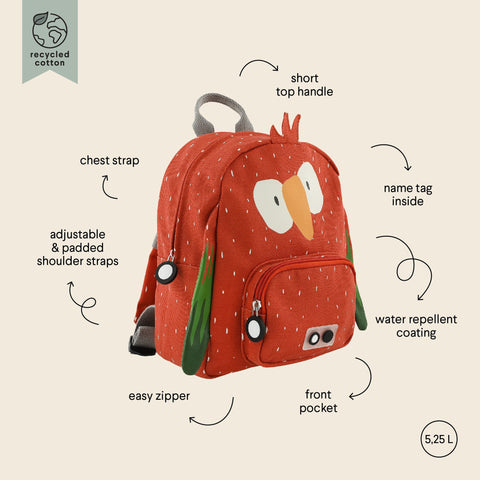 5. Trixie Baby Mr. Parrot backpack with labeled features including chest strap, name tag, and water repellent coating