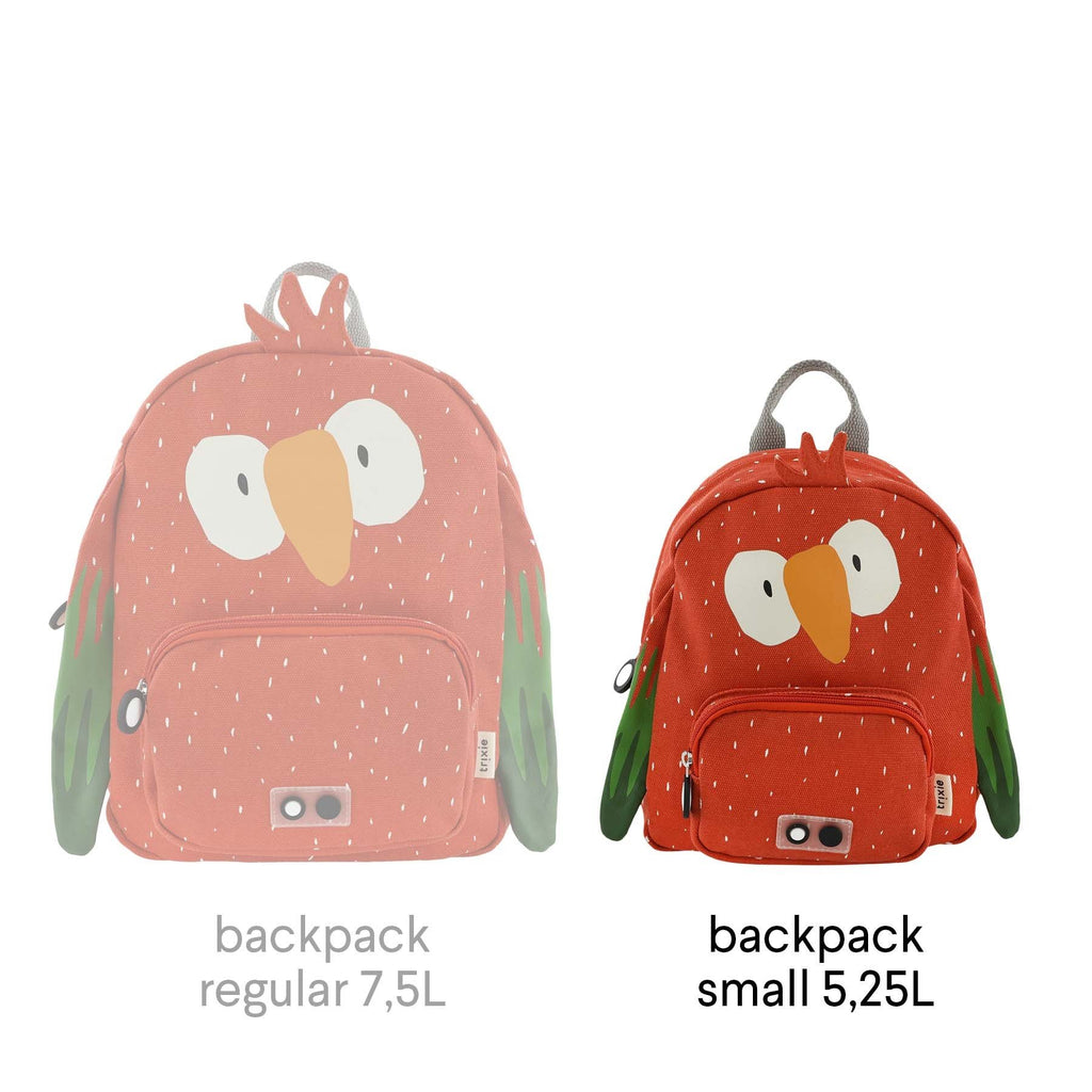 6. Comparison of Trixie Baby Mr. Parrot backpacks in regular 7.5L and small 5.25L sizes with orange parrot design