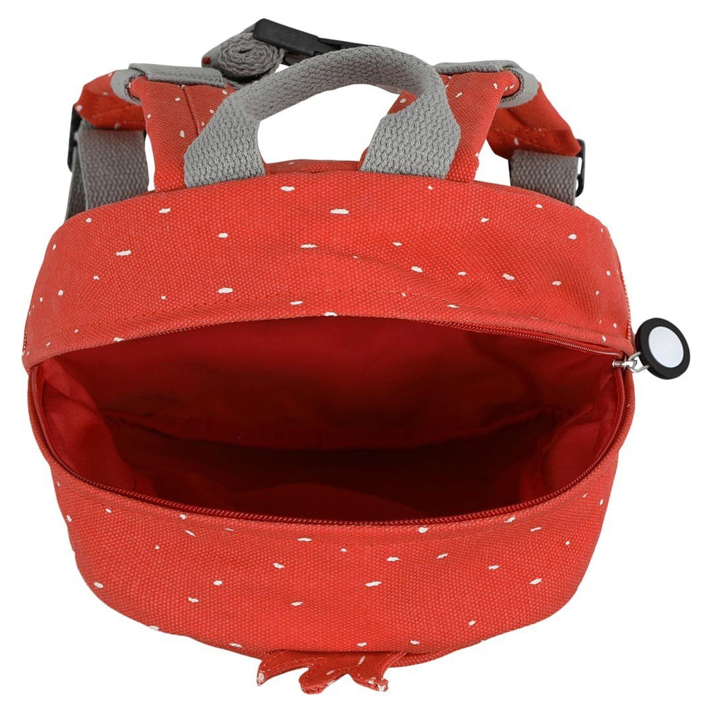 4. Open view of Trixie Baby Mr. Parrot backpack showing spacious main compartment with red interior