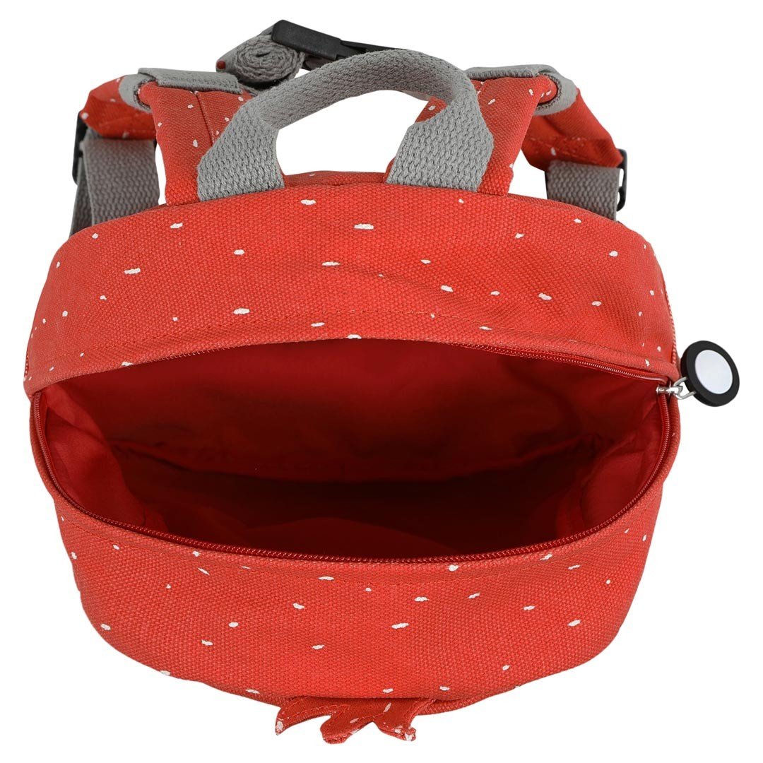 4. Open view of Trixie Baby Mr. Parrot backpack showing spacious main compartment with red interior