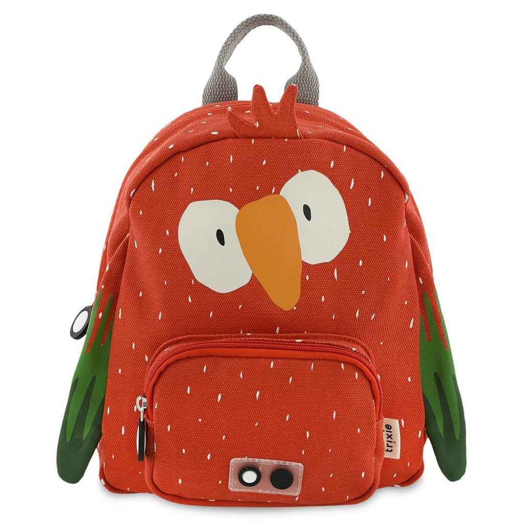 7. Front view of Trixie Baby Mr. Parrot backpack with orange parrot design, front pocket, and brand logo