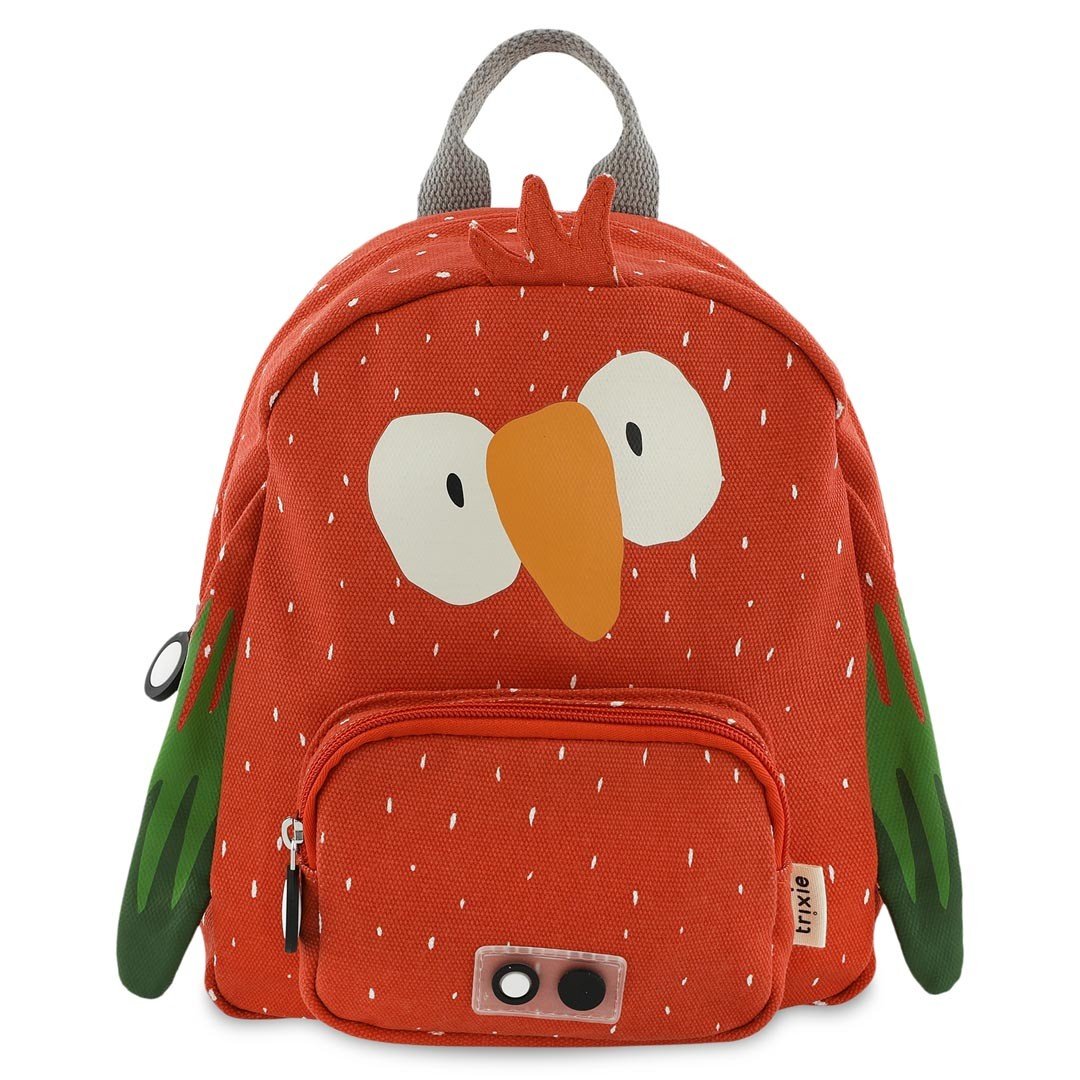 7. Front view of Trixie Baby Mr. Parrot backpack with orange parrot design, front pocket, and brand logo