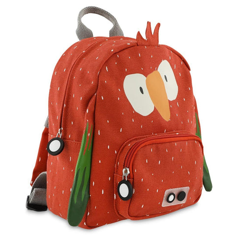 2. Trixie Baby Mr. Parrot backpack with orange parrot design, front pocket, and green wing details on white background