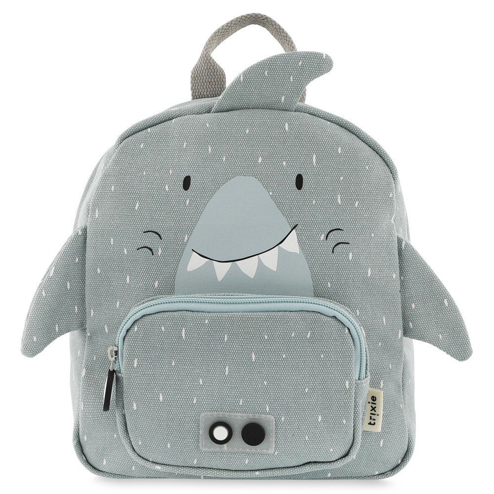 1. Grey shark-themed children's backpack with front pocket and fin details on a white background