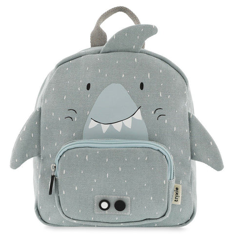1. Grey shark-themed children's backpack with front pocket and fin details on a white background