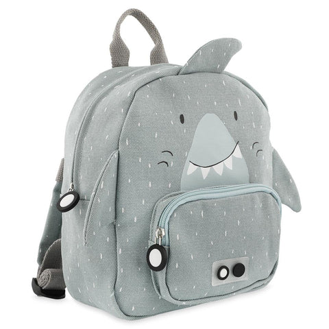2. Side view of grey shark-themed backpack with front pocket and fin details