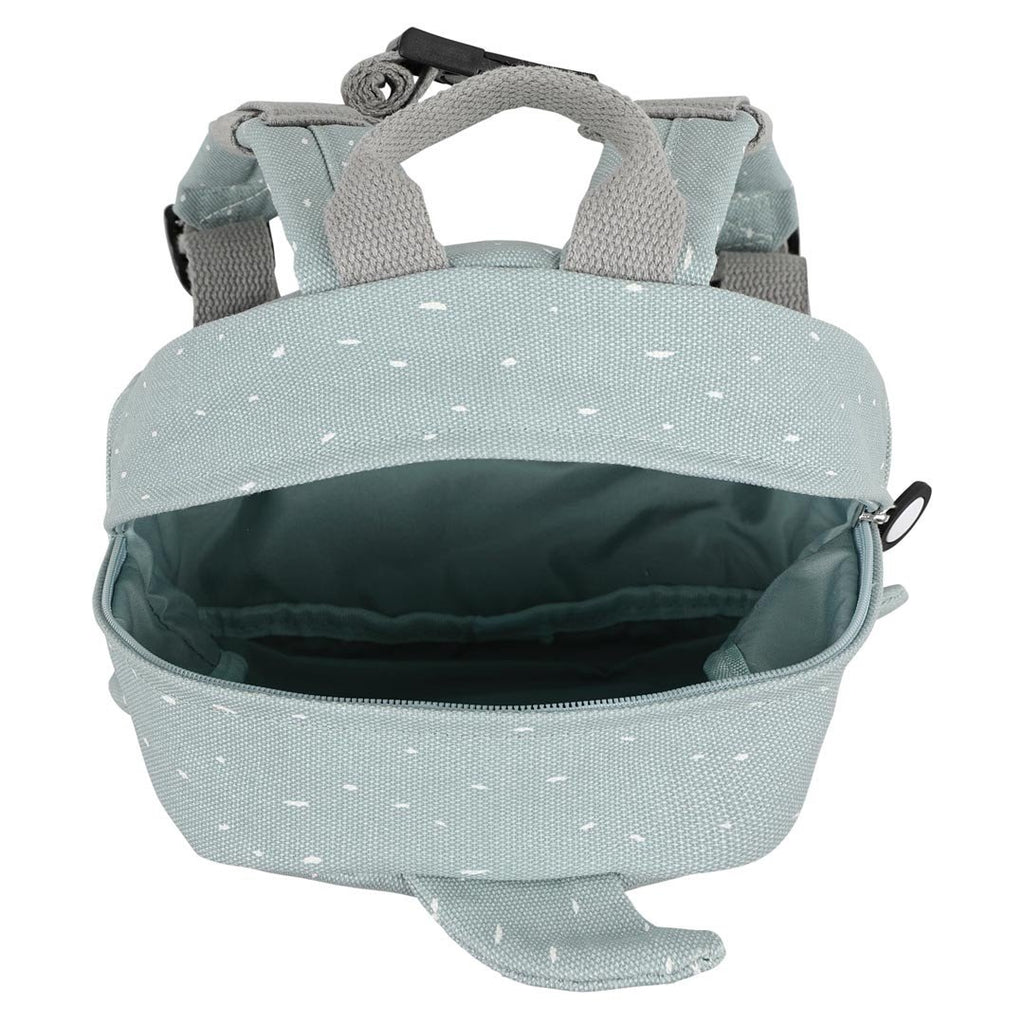 3. Open view of grey shark-themed backpack showing spacious interior and zipper