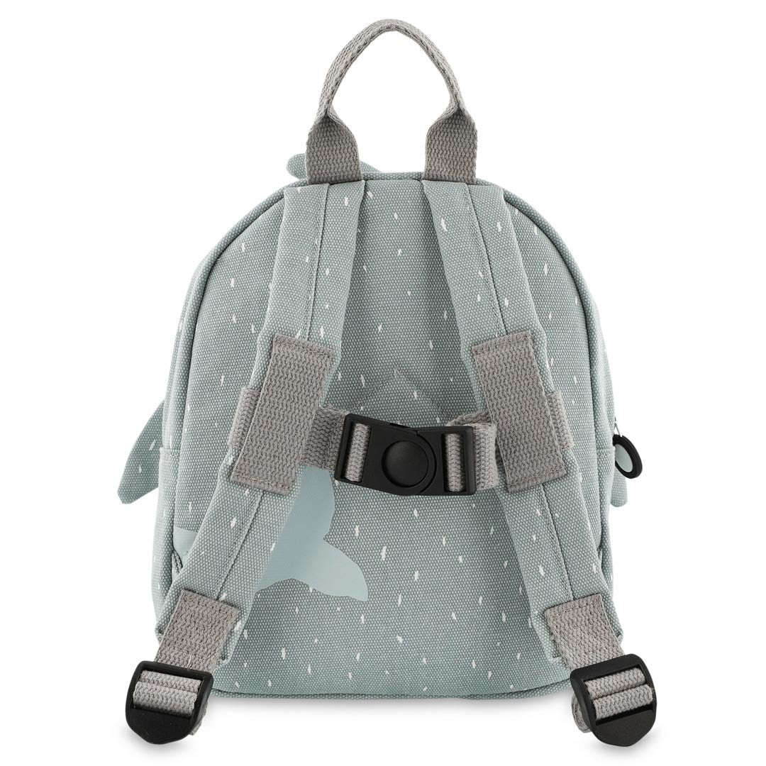 2. Back view of grey shark-themed backpack with adjustable straps and chest strap