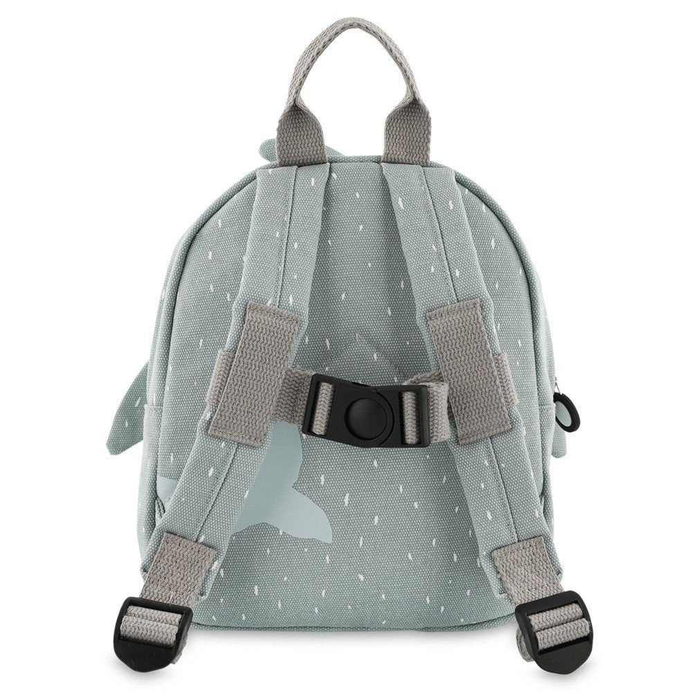 2. Back view of grey shark-themed backpack with adjustable padded shoulder straps and chest strap