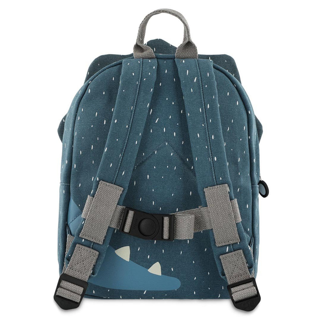 2. Back view of blue Mr. Triceratops backpack showing adjustable padded shoulder straps and chest strap