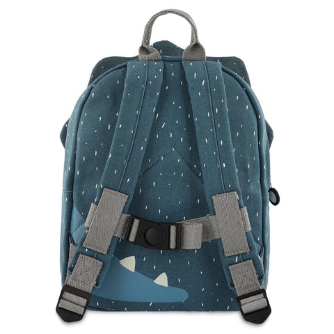 2. Back view of blue Mr. Triceratops backpack showing adjustable padded shoulder straps and chest strap