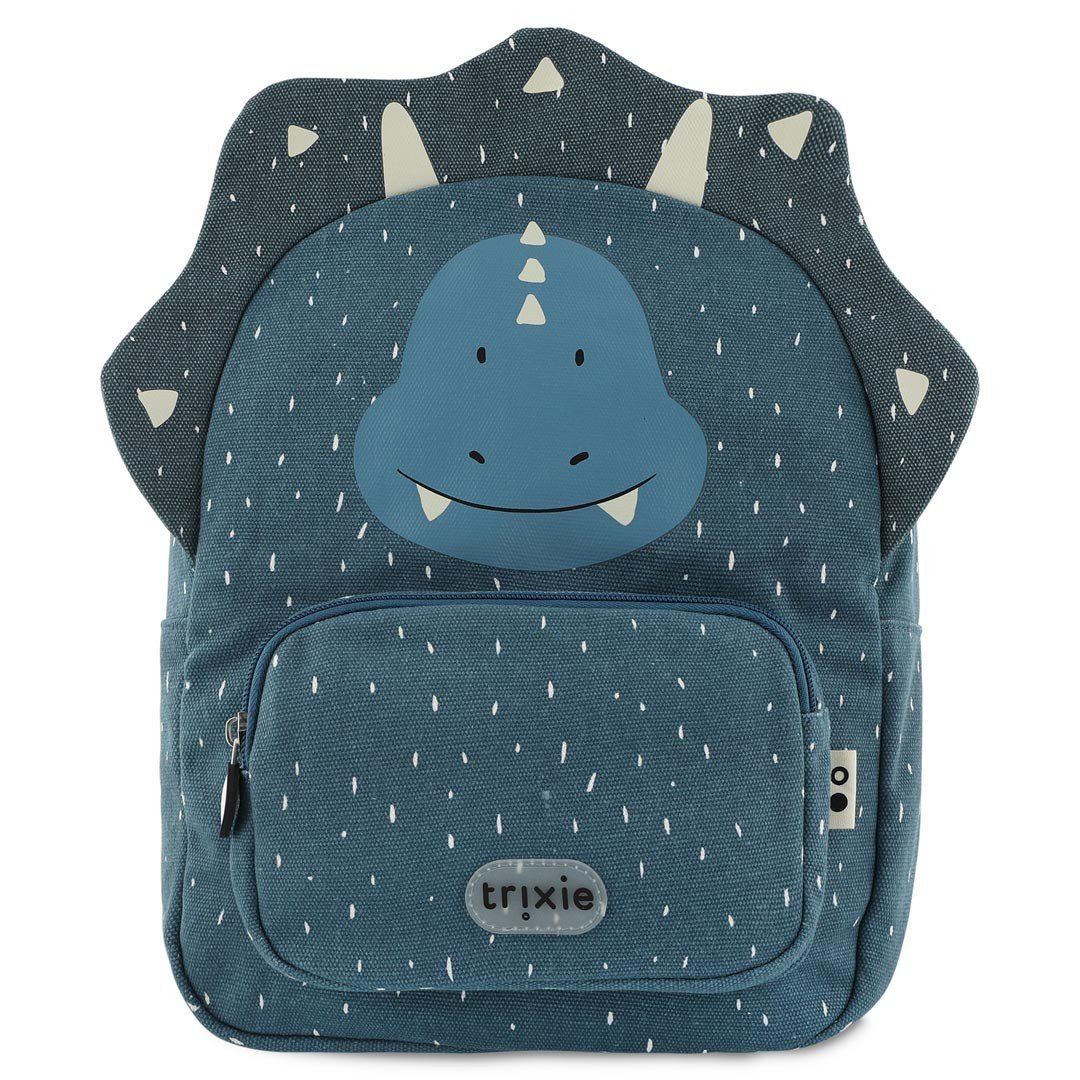 2. Blue Mr. Triceratops backpack with dinosaur face and spikes, front view, Trixie Baby logo on pocket