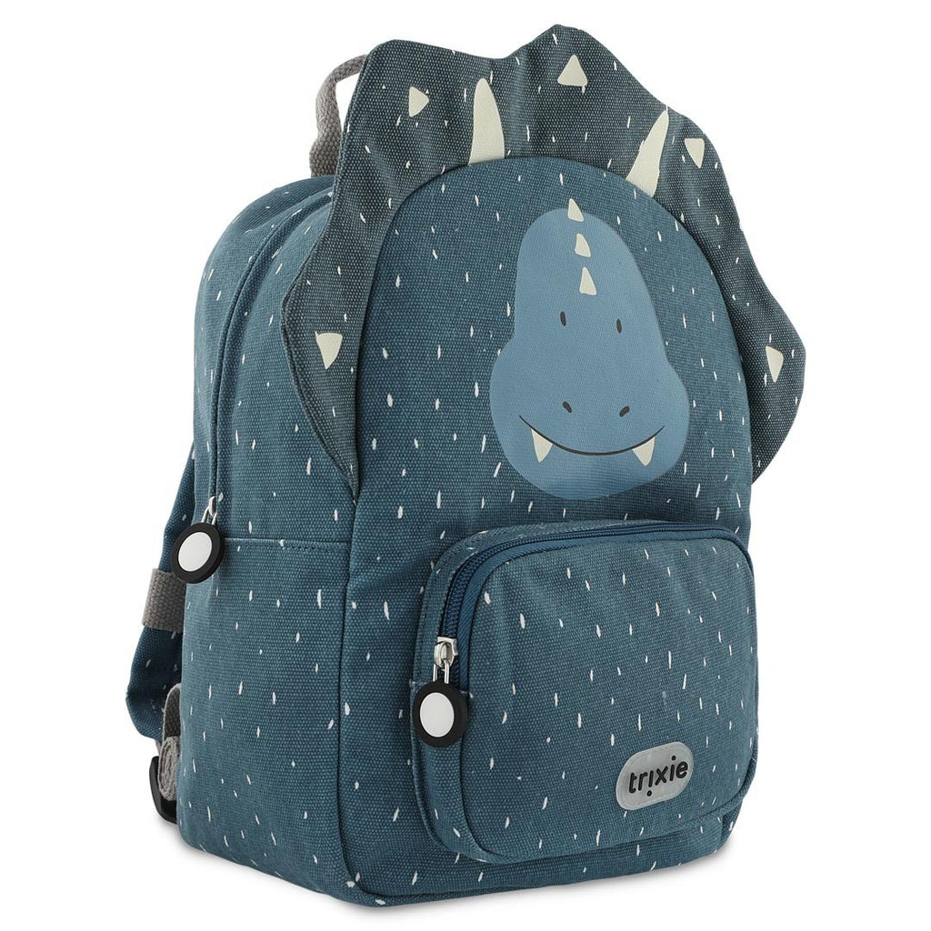2. Side view of blue Mr. Triceratops backpack with dinosaur face and spikes, Trixie Baby logo on pocket