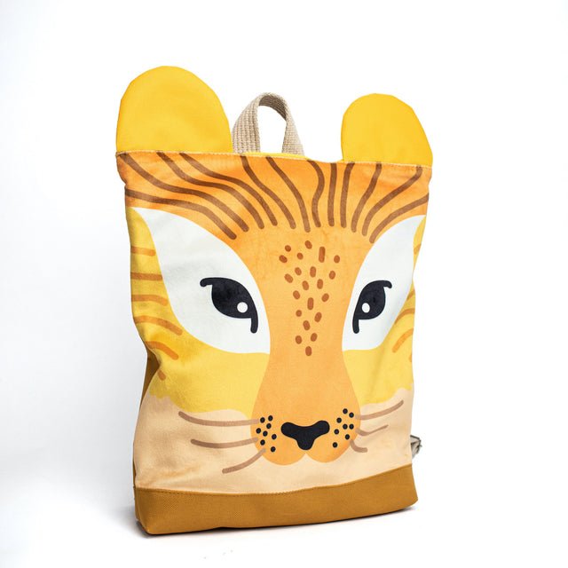 7. Side view of Muni lion backpack showing lion face design