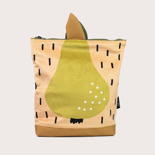 6. Studio shot of Muni PEAR kids backpack highlighting velvet fabric and pear design