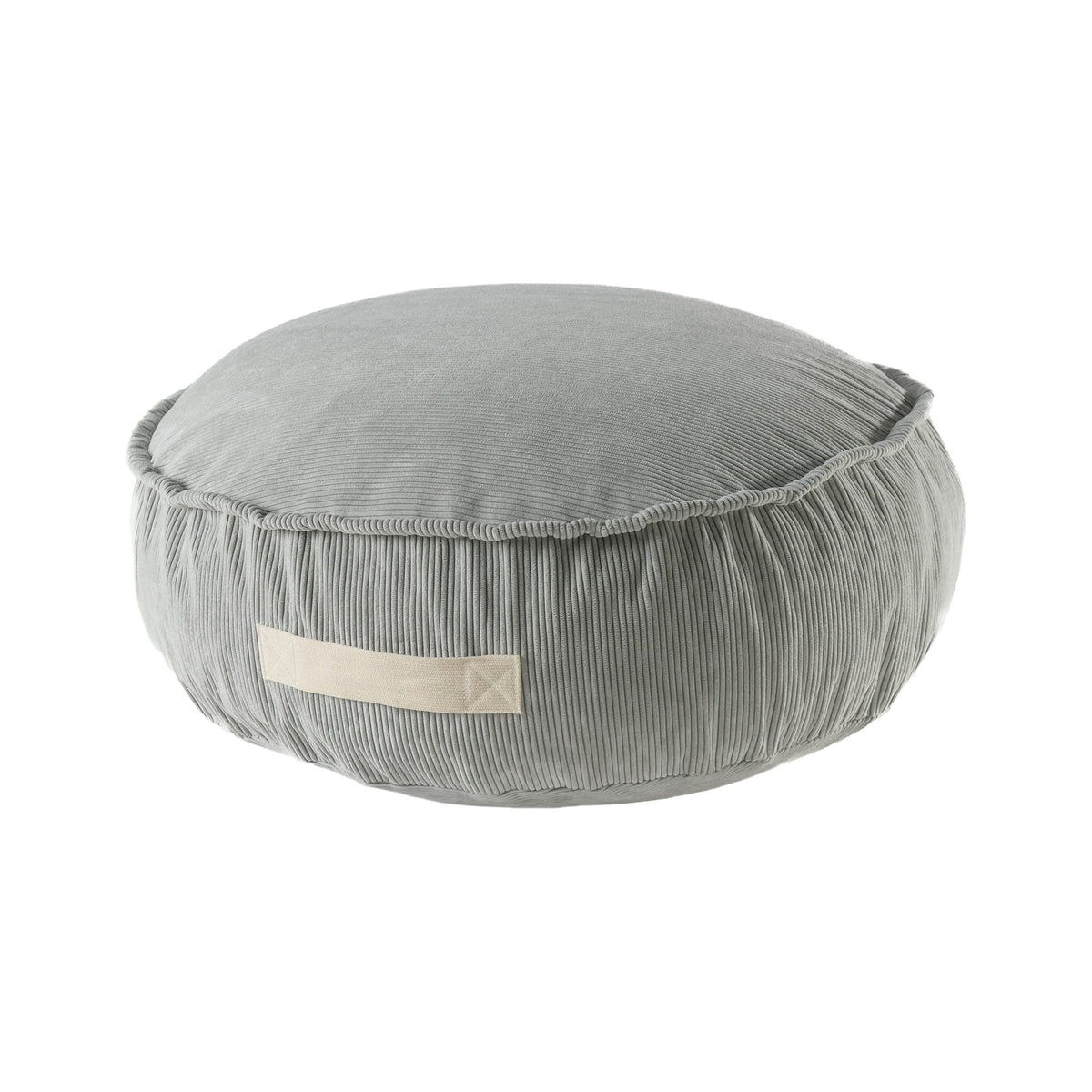 1. Grey MeowBaby corduroy pouf round for children shown in studio setting highlighting texture and design