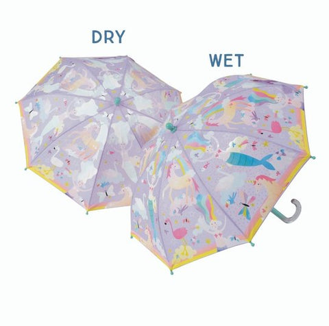 1. Children's color-changing umbrella with fantasy land motifs, showing dry state with white shapes and wet state with colorful underwater designs, featuring unicorns and mermaids, suitable for ages 3+, by Floss & Rock.